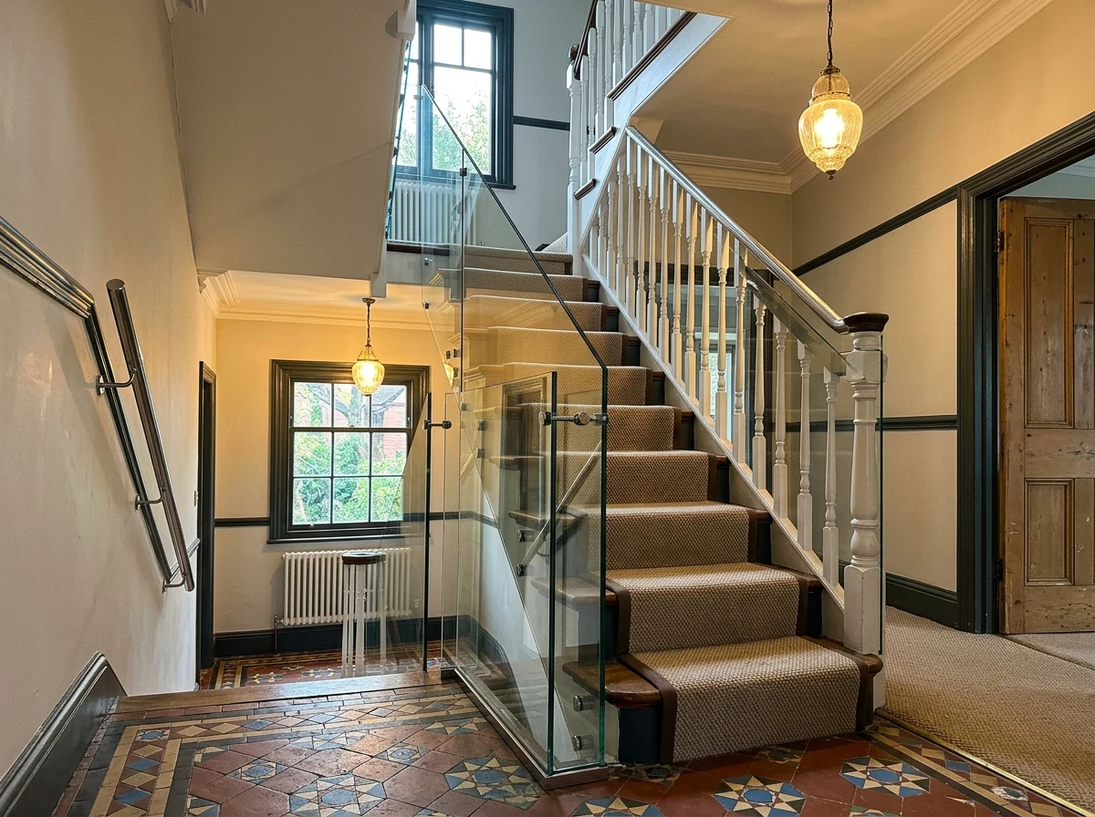 Staircase glass balustrade installation in Birmingham by Birmingham Glass Balustrades, frameless system